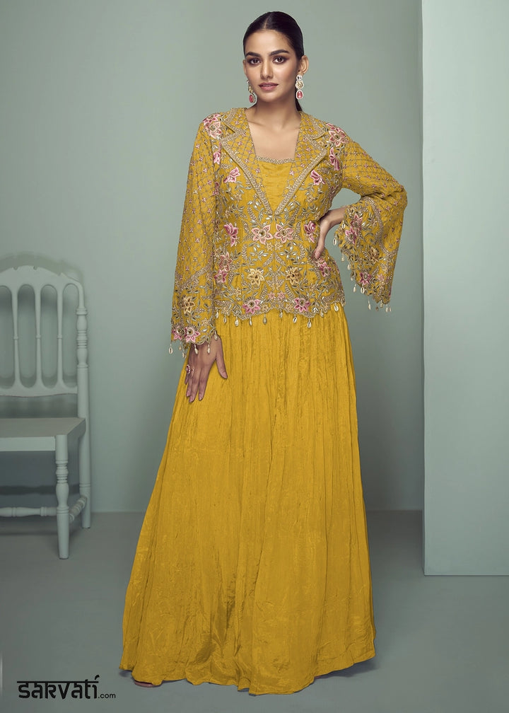 Saffron Yellow Chinon Silk Jacket and Skirt Ensemble with Detailed Embroidery