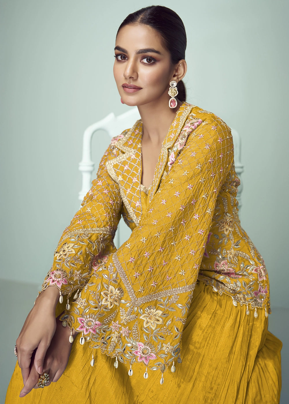 Saffron Yellow Chinon Silk Jacket and Skirt Ensemble with Detailed Embroidery