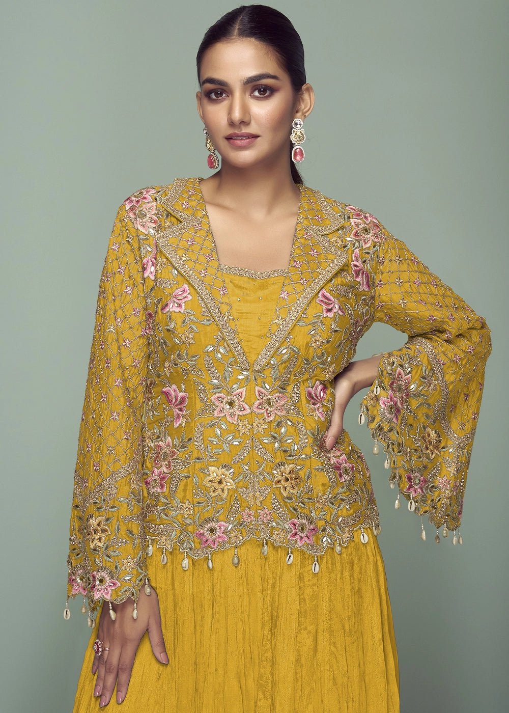 Saffron Yellow Chinon Silk Jacket and Skirt Ensemble with Detailed Embroidery