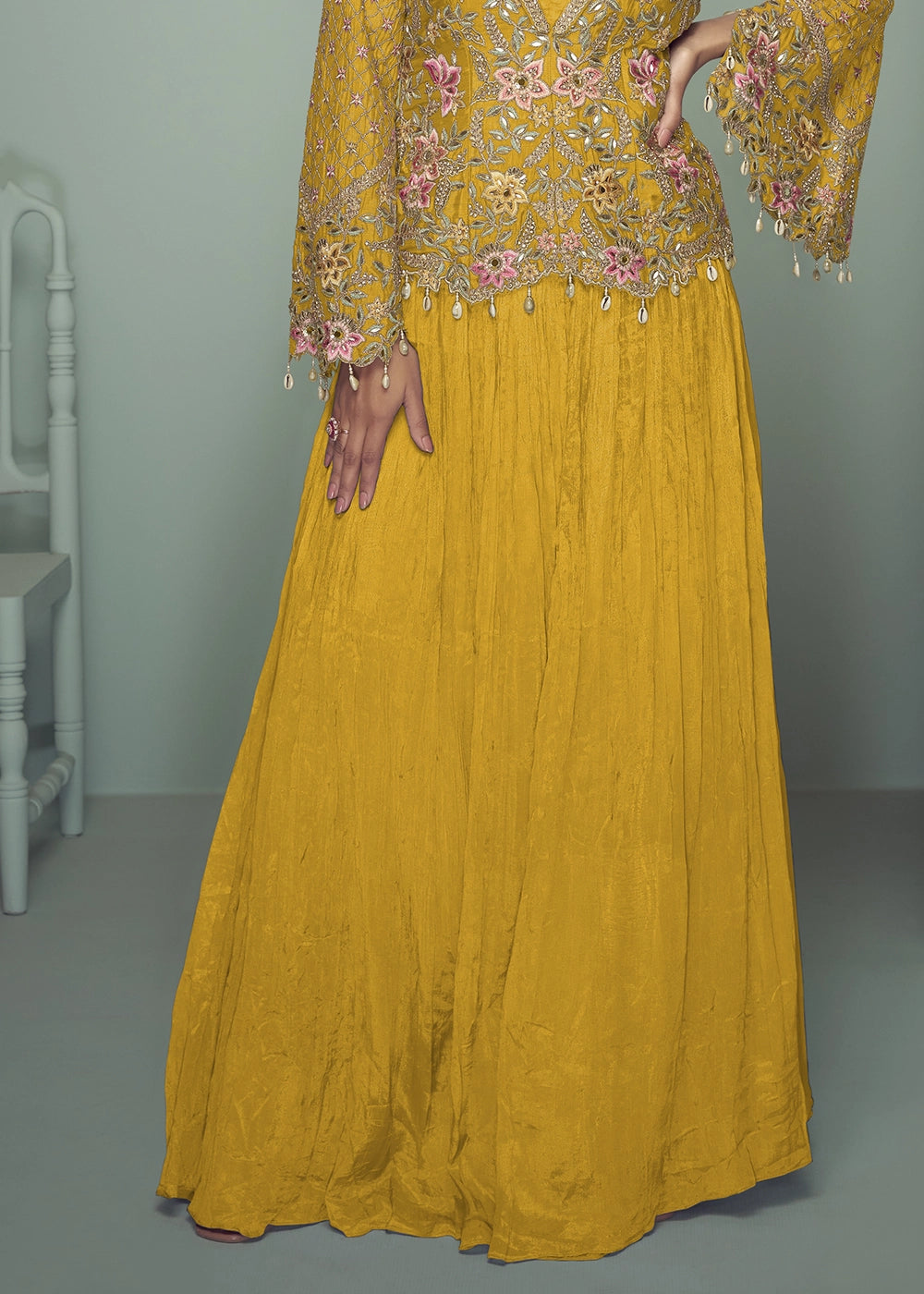Saffron Yellow Chinon Silk Jacket and Skirt Ensemble with Detailed Embroidery