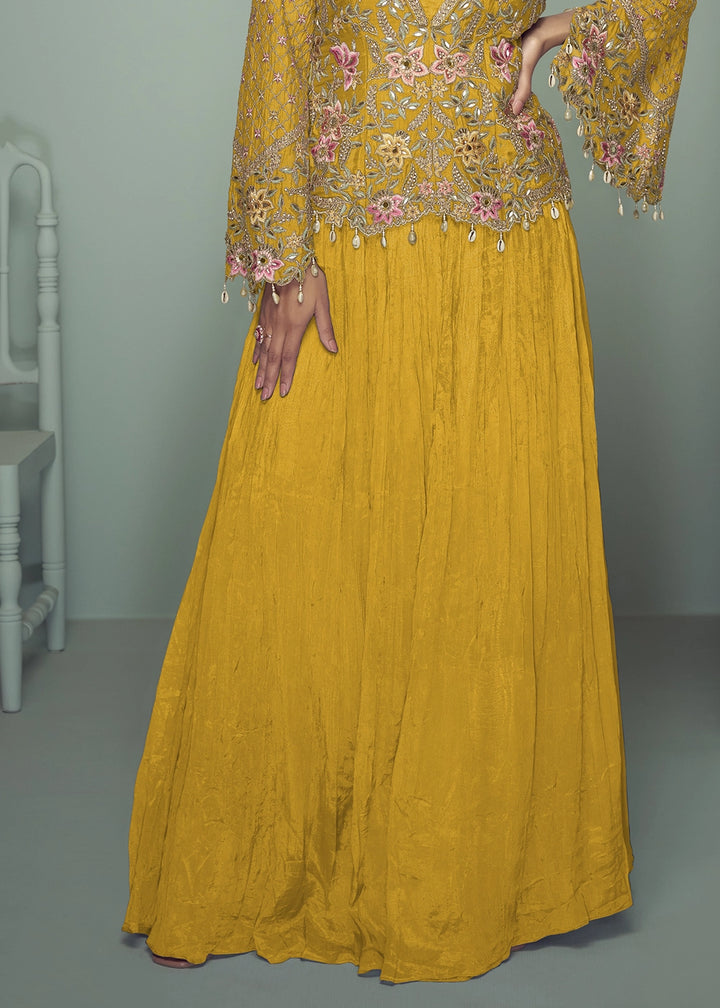 Saffron Yellow Chinon Silk Jacket and Skirt Ensemble with Detailed Embroidery