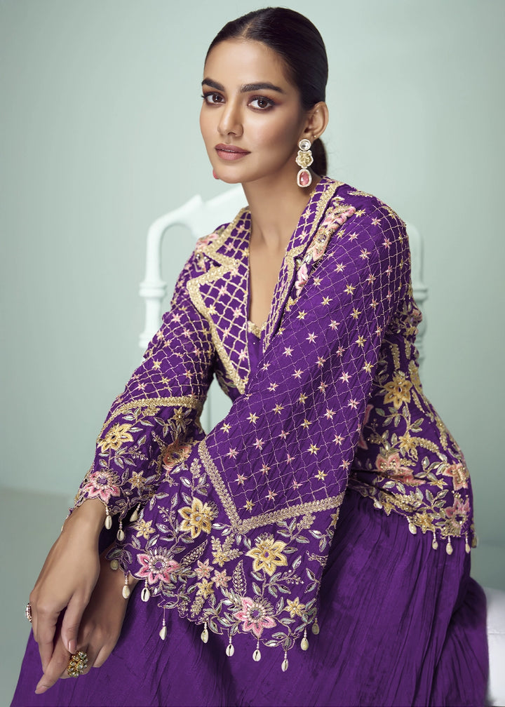 True Purple Chinon Silk Jacket and Skirt Ensemble with Detailed Embroidery