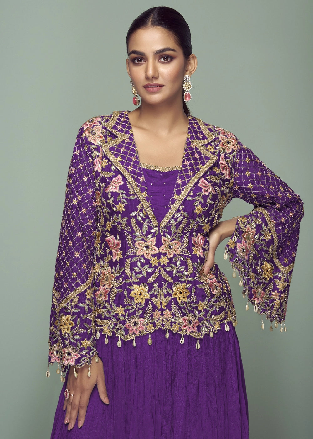 True Purple Chinon Silk Jacket and Skirt Ensemble with Detailed Embroidery