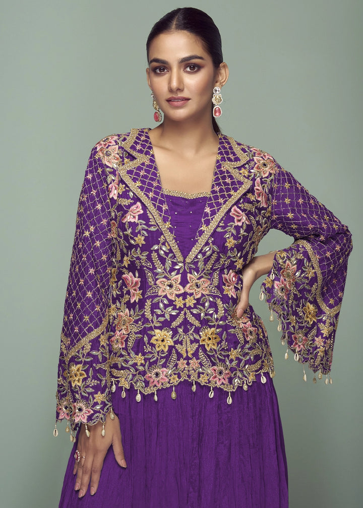 True Purple Chinon Silk Jacket and Skirt Ensemble with Detailed Embroidery