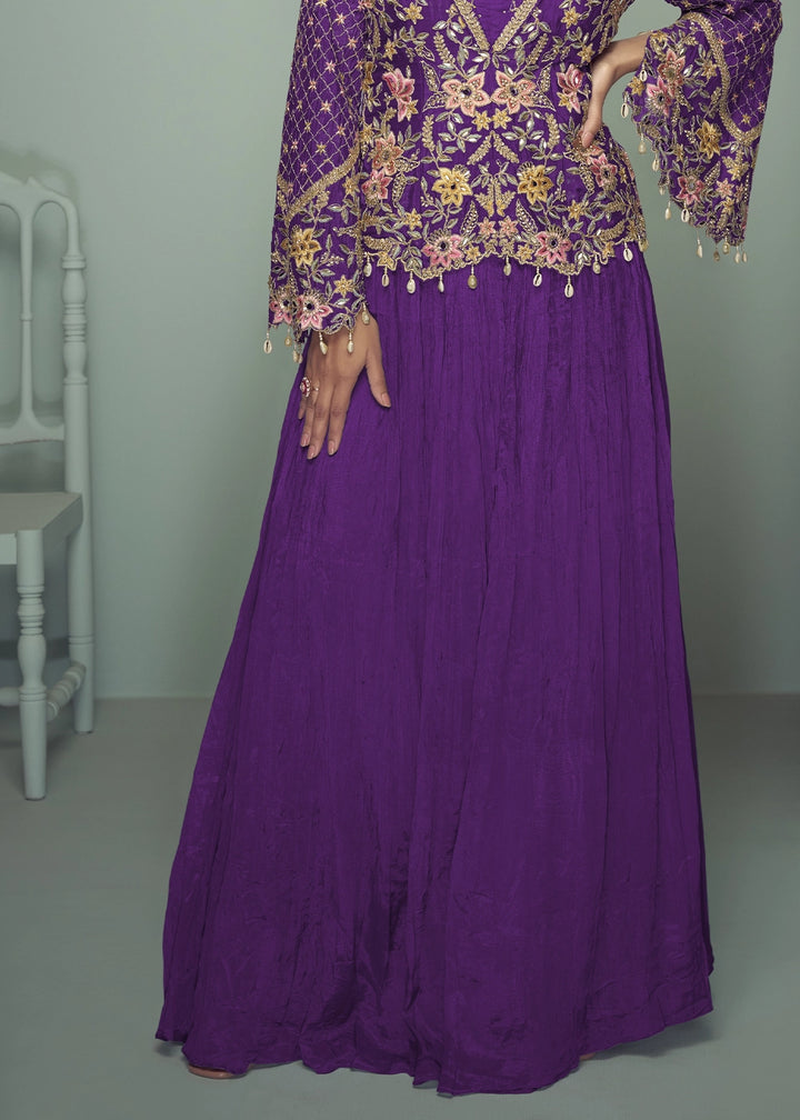 True Purple Chinon Silk Jacket and Skirt Ensemble with Detailed Embroidery