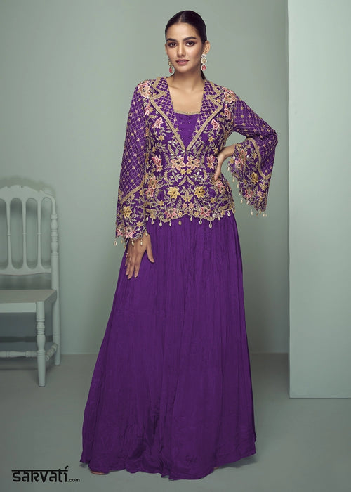 True Purple Chinon Silk Jacket and Skirt Ensemble with Detailed Embroidery