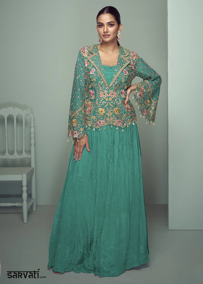Jade Green Chinon Silk Jacket and Skirt Ensemble with Detailed Embroidery