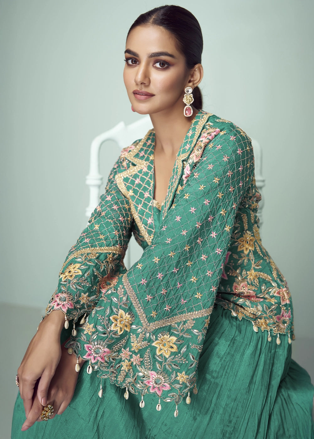 Jade Green Chinon Silk Jacket and Skirt Ensemble with Detailed Embroidery