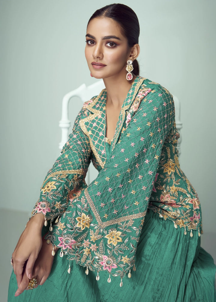Jade Green Chinon Silk Jacket and Skirt Ensemble with Detailed Embroidery