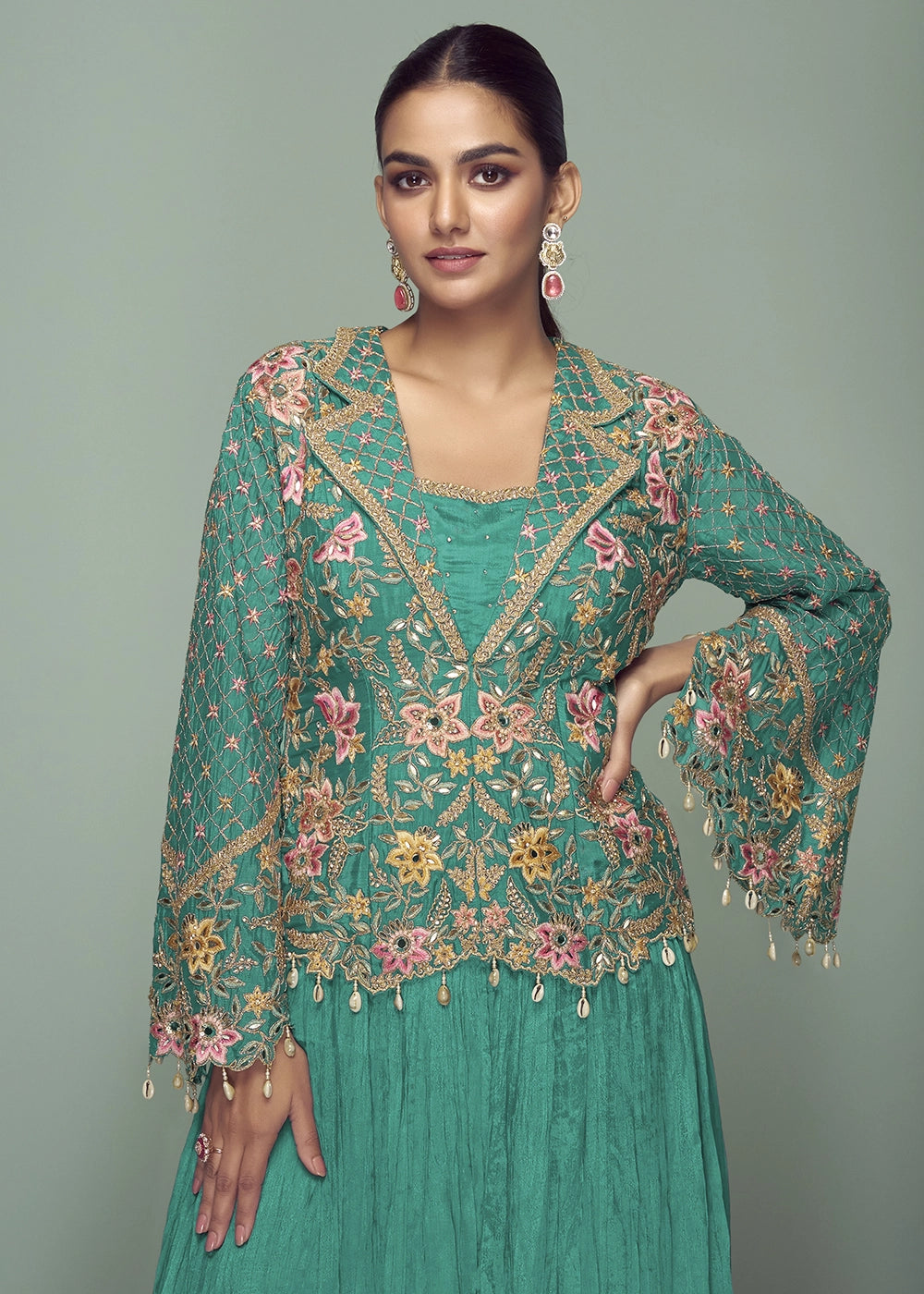 Jade Green Chinon Silk Jacket and Skirt Ensemble with Detailed Embroidery