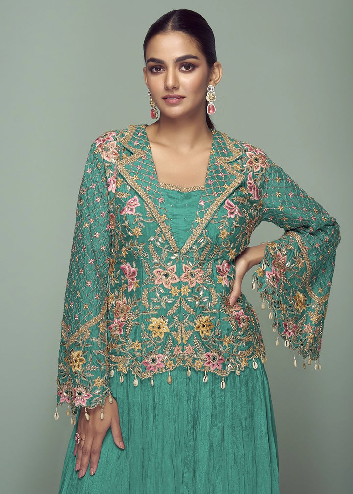 Jade Green Chinon Silk Jacket and Skirt Ensemble with Detailed Embroidery
