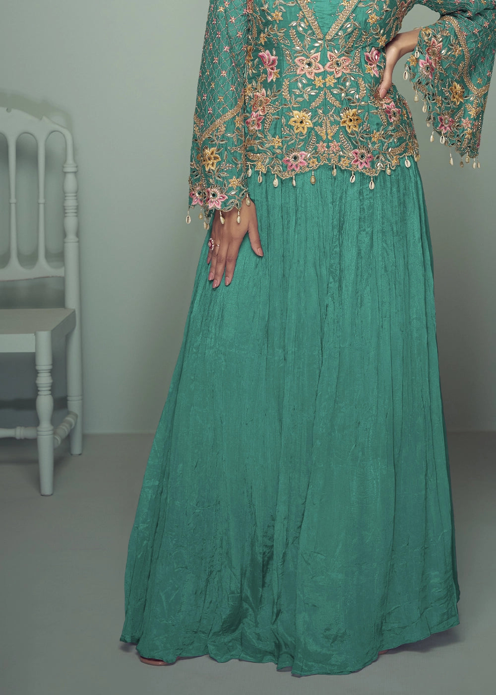 Jade Green Chinon Silk Jacket and Skirt Ensemble with Detailed Embroidery