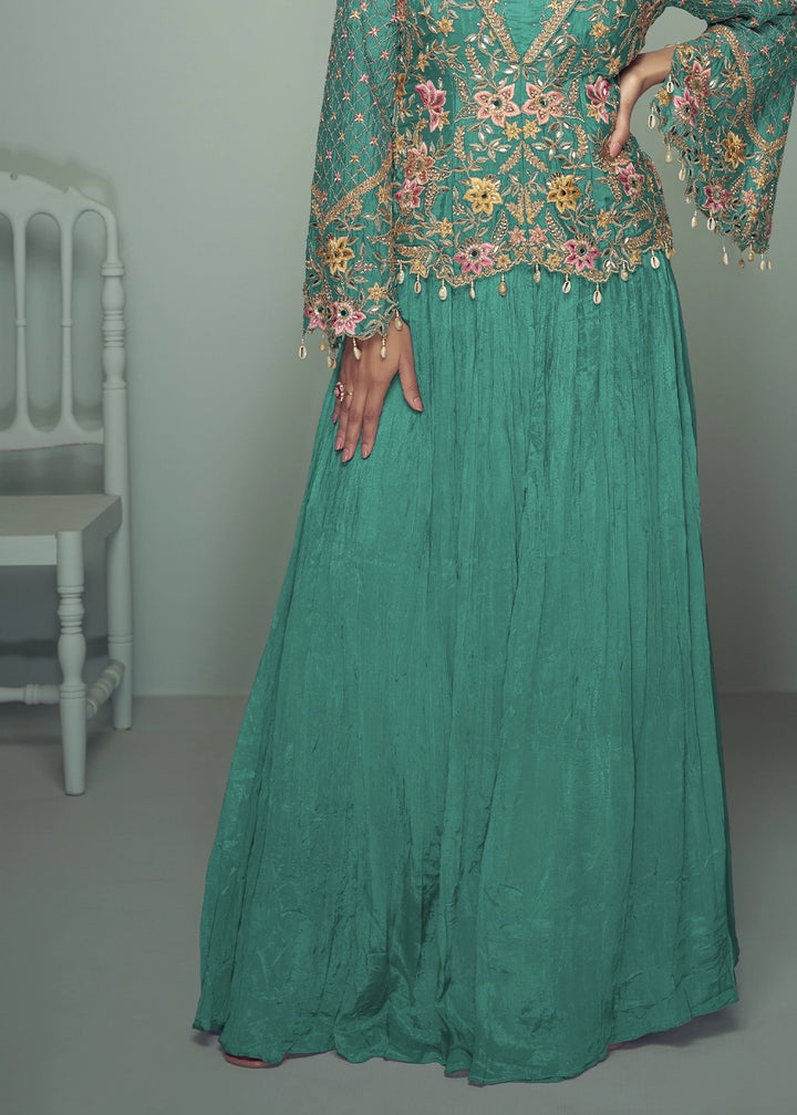 Jade Green Chinon Silk Jacket and Skirt Ensemble with Detailed Embroidery