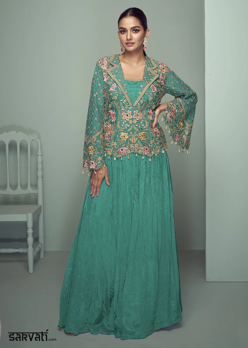 Jade Green Chinon Silk Jacket and Skirt Ensemble with Detailed Embroidery