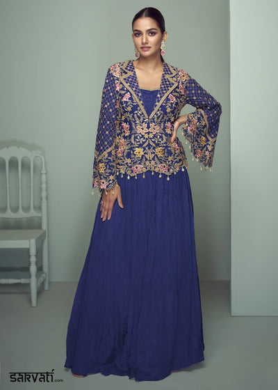 Berry Blue Chinon Silk Jacket and Skirt Ensemble with Detailed Embroidery