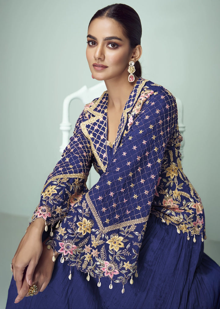 Berry Blue Chinon Silk Jacket and Skirt Ensemble with Detailed Embroidery