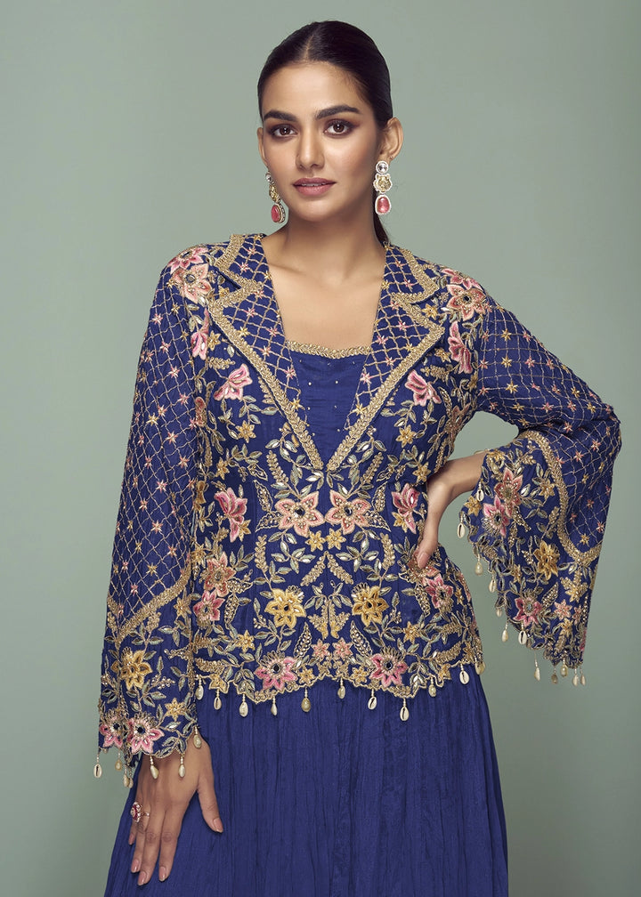 Berry Blue Chinon Silk Jacket and Skirt Ensemble with Detailed Embroidery
