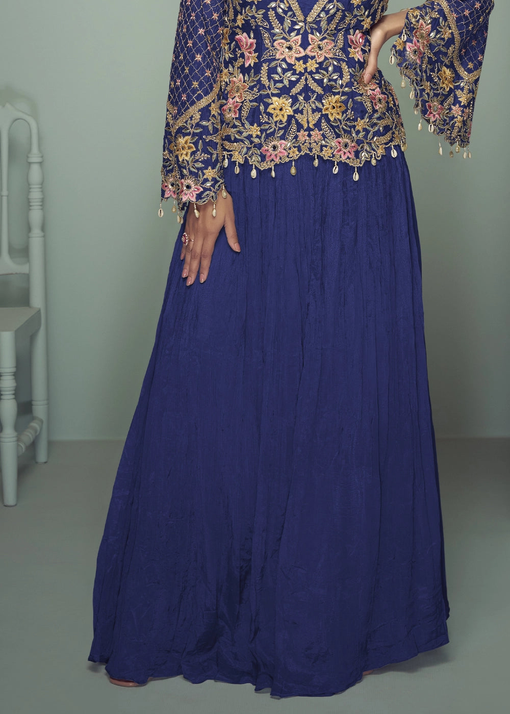 Berry Blue Chinon Silk Jacket and Skirt Ensemble with Detailed Embroidery