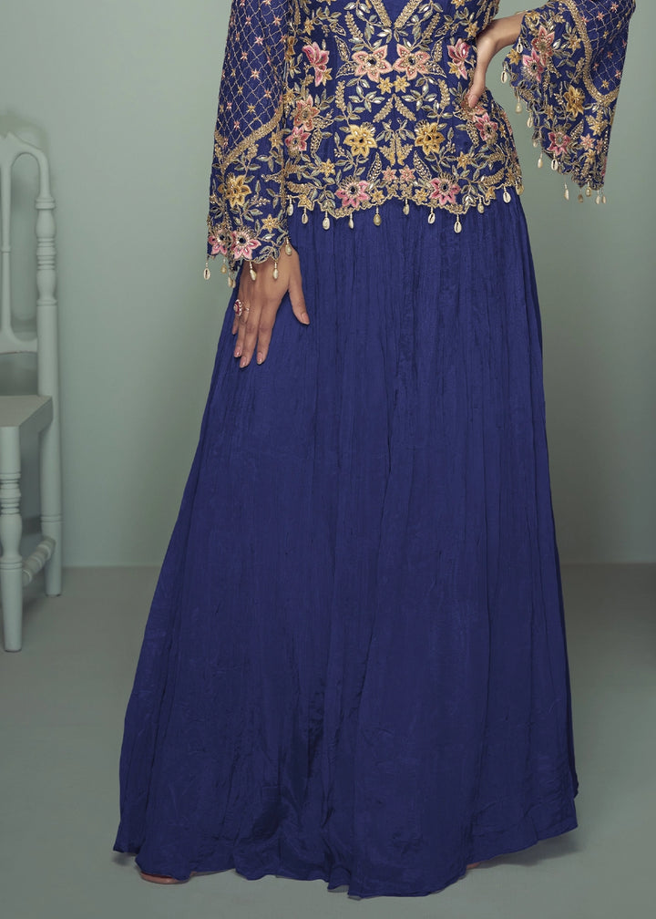 Berry Blue Chinon Silk Jacket and Skirt Ensemble with Detailed Embroidery
