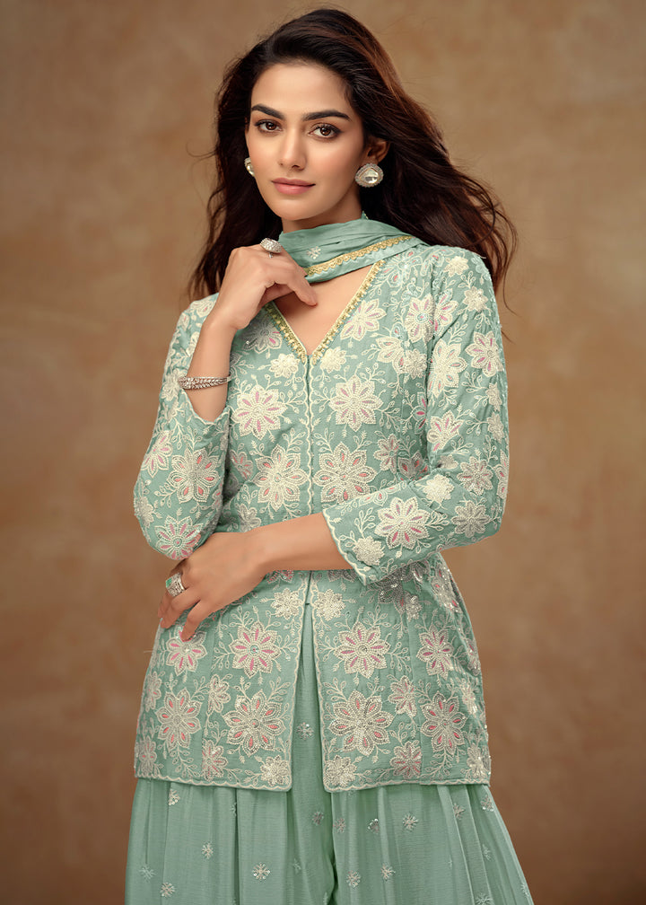 Seafoam Green Palazzo Suit Enhanced with Floral Embroidery