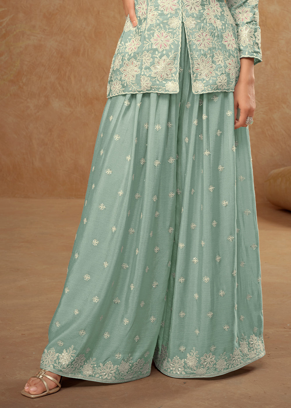 Seafoam Green Palazzo Suit Enhanced with Floral Embroidery