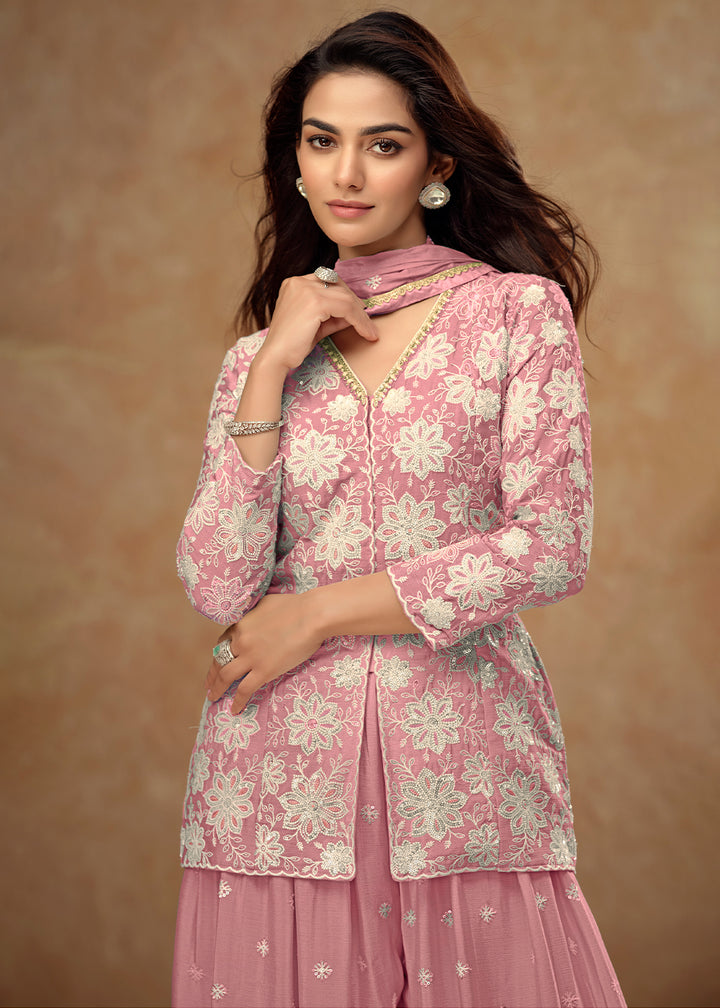 Coral Pink Palazzo Suit Enhanced with Floral Embroidery