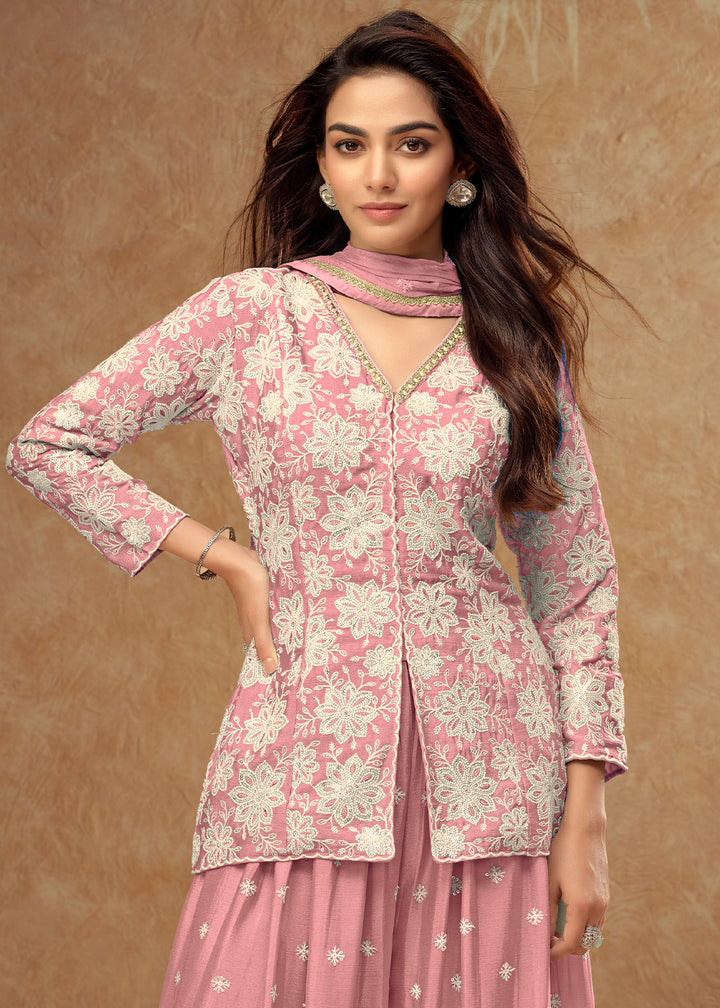 Coral Pink Palazzo Suit Enhanced with Floral Embroidery