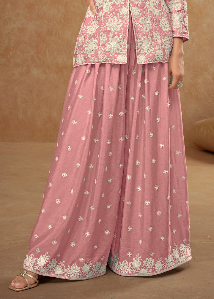 Coral Pink Palazzo Suit Enhanced with Floral Embroidery