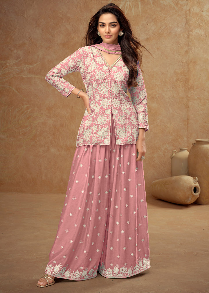 Coral Pink Palazzo Suit Enhanced with Floral Embroidery