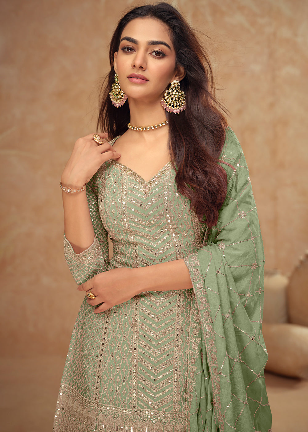 Light Green Palazzo Suit with Delicate Embroidery on Luxurious Chinon Silk Fabric