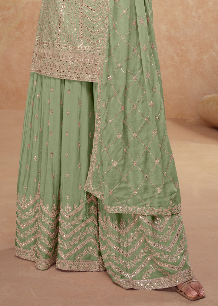 Light Green Palazzo Suit with Delicate Embroidery on Luxurious Chinon Silk Fabric