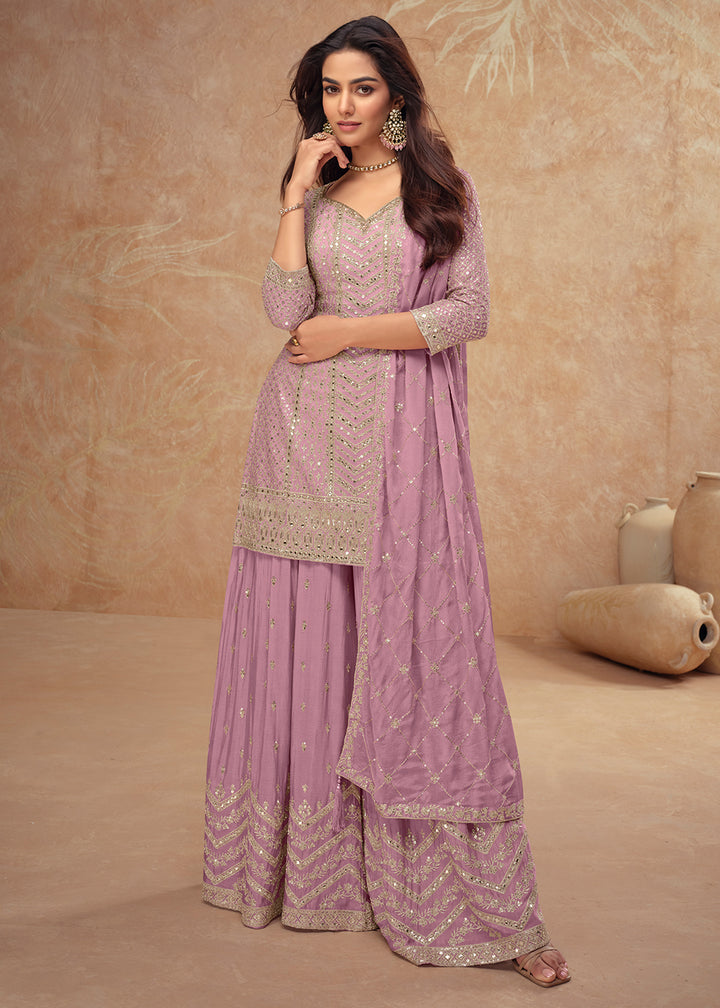 Lilac Purple Palazzo Suit with Delicate Embroidery on Luxurious Chinon Silk Fabric