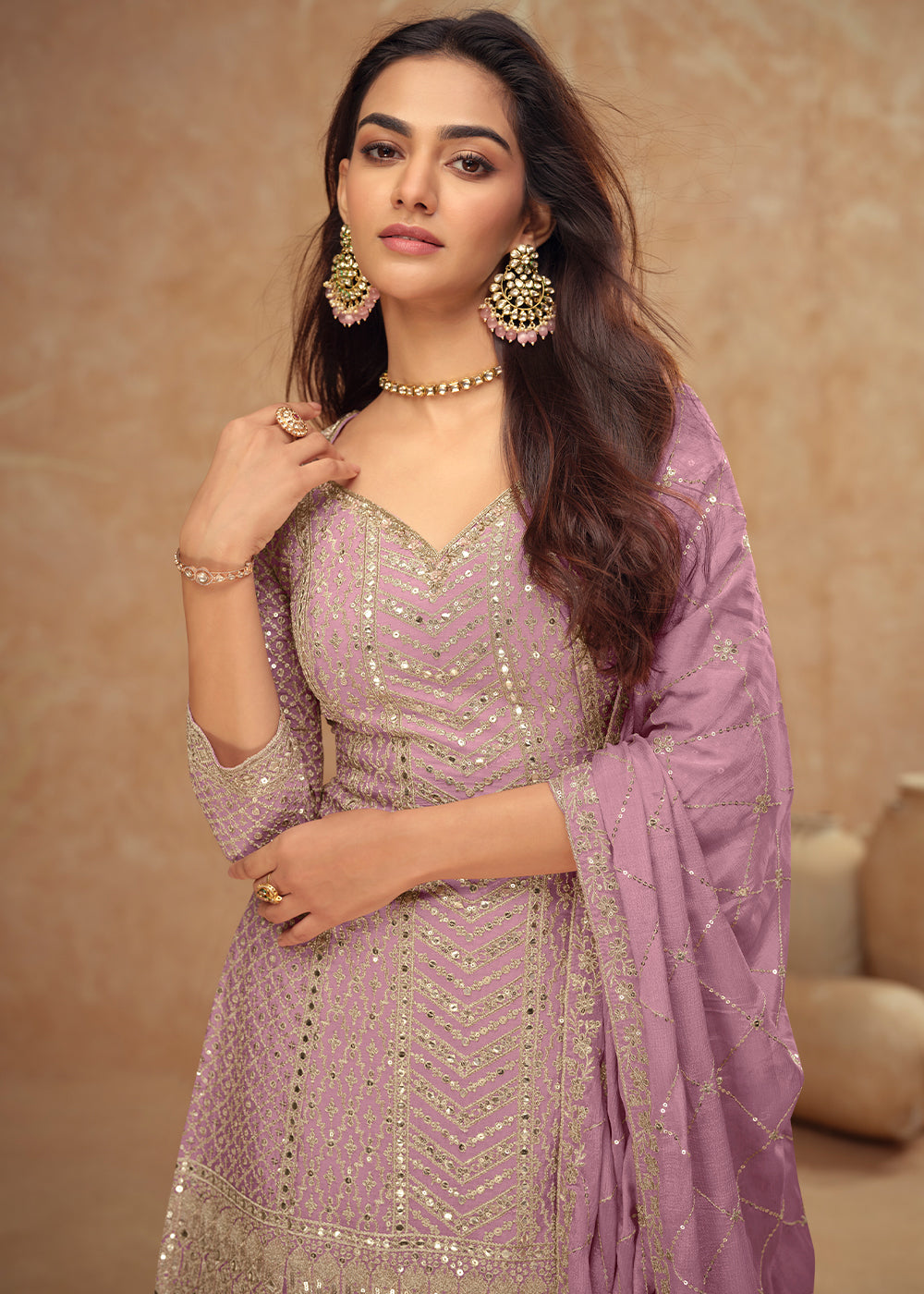 Lilac Purple Palazzo Suit with Delicate Embroidery on Luxurious Chinon Silk Fabric