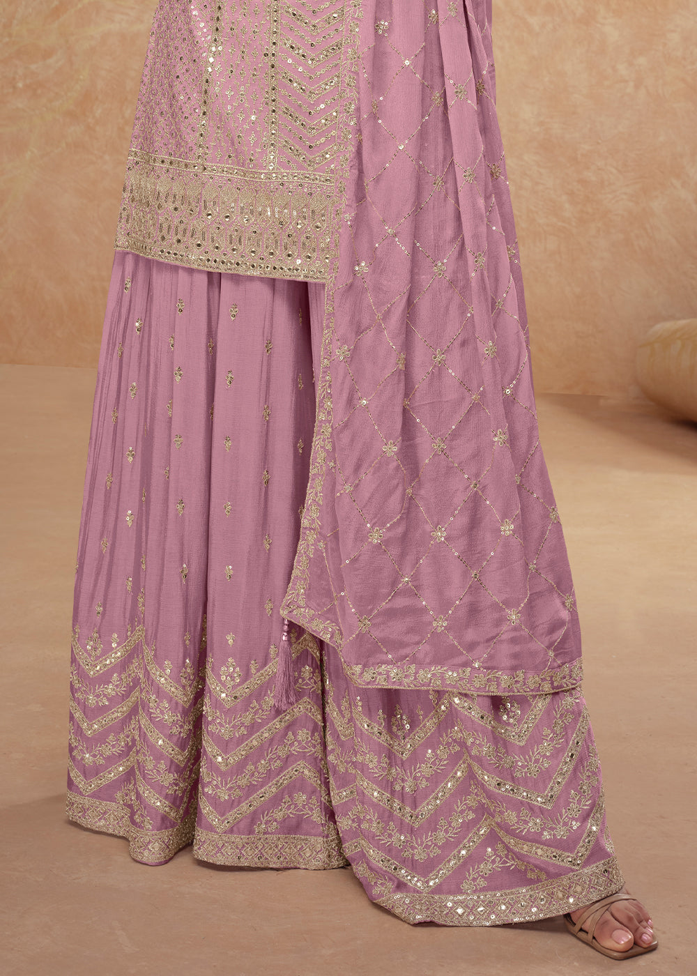 Lilac Purple Palazzo Suit with Delicate Embroidery on Luxurious Chinon Silk Fabric