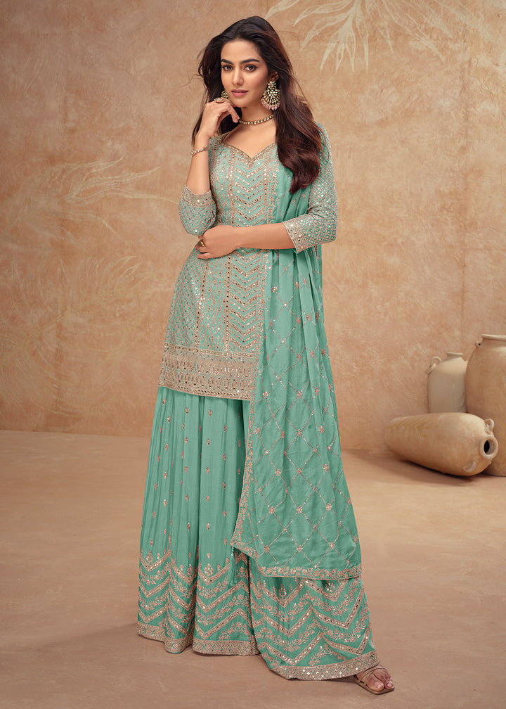 Blueish Green Palazzo Suit with Delicate Embroidery on Luxurious Chinon Silk Fabric