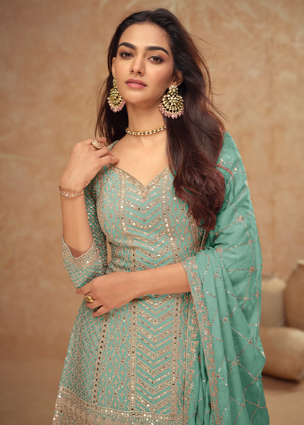 Blueish Green Palazzo Suit with Delicate Embroidery on Luxurious Chinon Silk Fabric