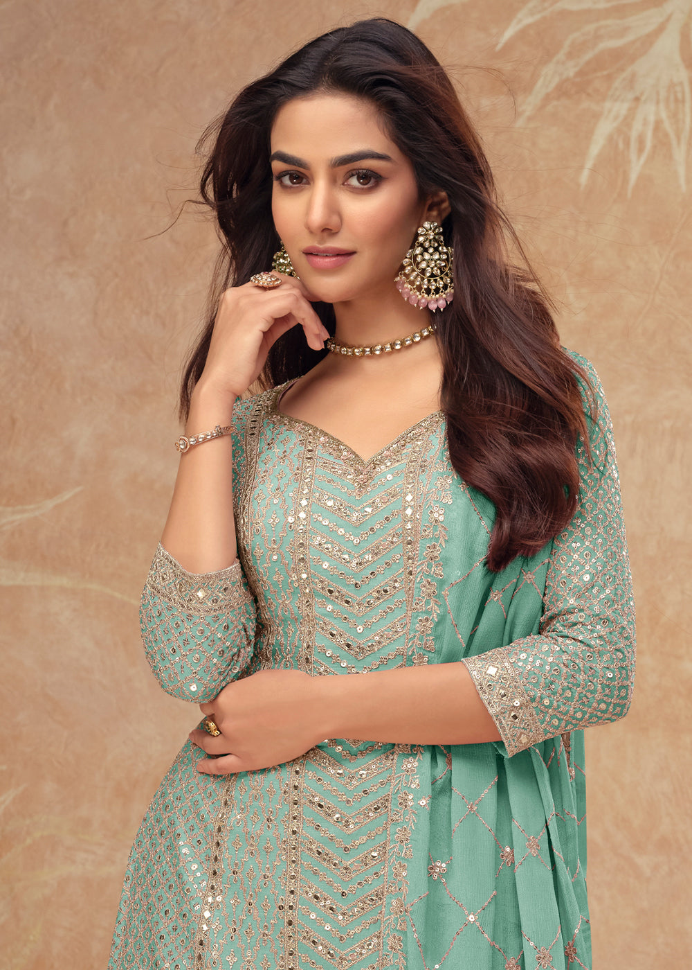 Blueish Green Palazzo Suit with Delicate Embroidery on Luxurious Chinon Silk Fabric