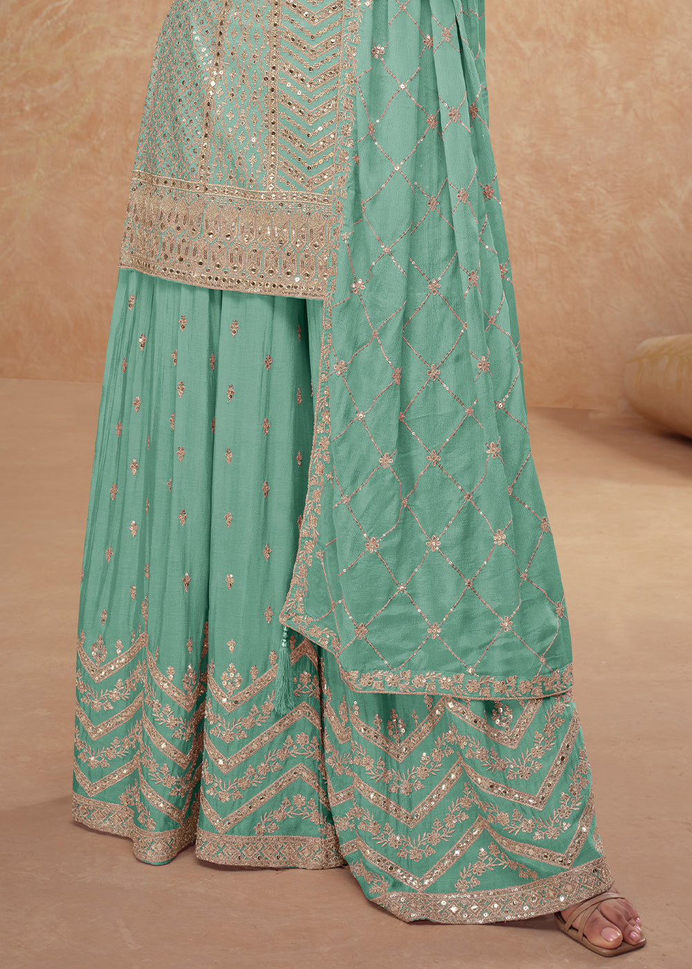 Blueish Green Palazzo Suit with Delicate Embroidery on Luxurious Chinon Silk Fabric