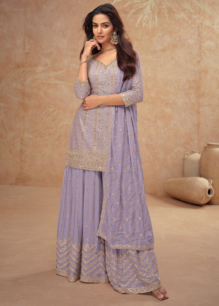 Soft Purple Palazzo Suit with Delicate Embroidery on Luxurious Chinon Silk Fabric