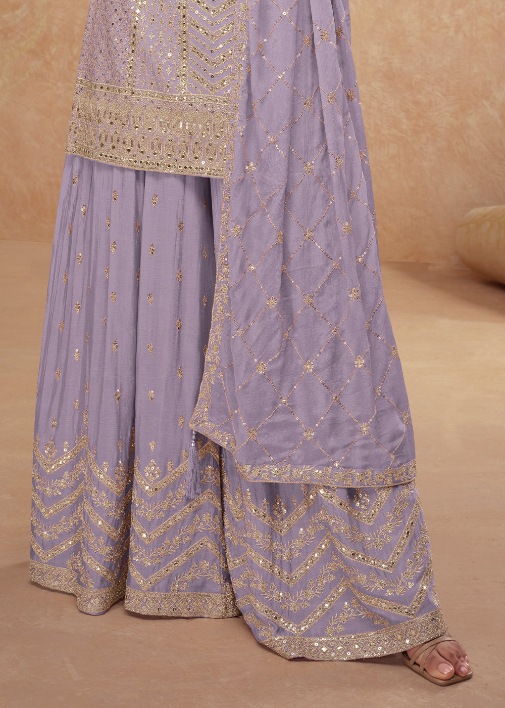 Soft Purple Palazzo Suit with Delicate Embroidery on Luxurious Chinon Silk Fabric