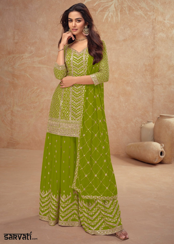 Apple Green Palazzo Suit with Delicate Embroidery on Luxurious Chinon Silk Fabric
