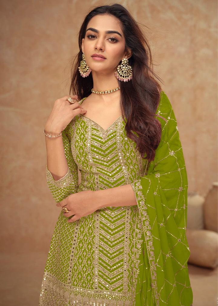 Apple Green Palazzo Suit with Delicate Embroidery on Luxurious Chinon Silk Fabric