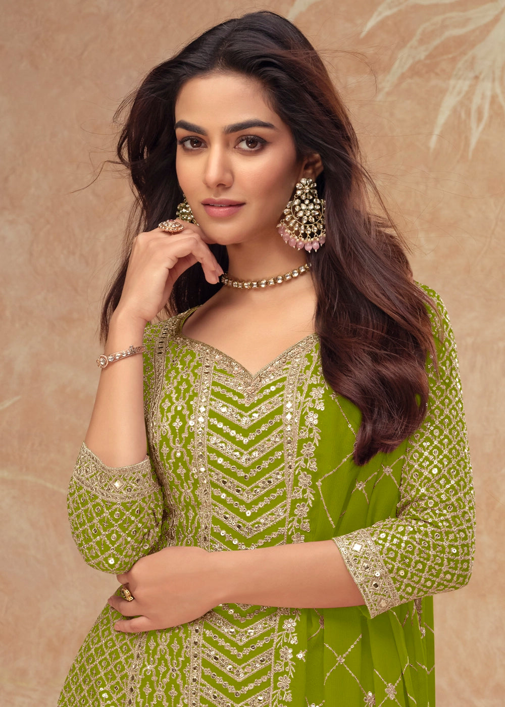 Apple Green Palazzo Suit with Delicate Embroidery on Luxurious Chinon Silk Fabric