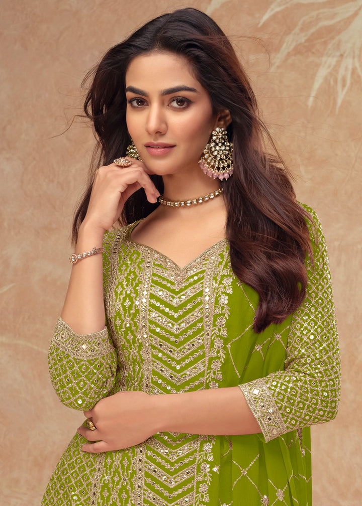 Apple Green Palazzo Suit with Delicate Embroidery on Luxurious Chinon Silk Fabric
