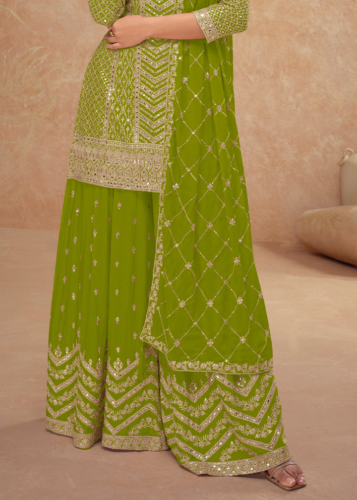 Apple Green Palazzo Suit with Delicate Embroidery on Luxurious Chinon Silk Fabric