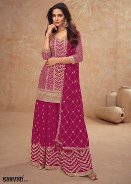 Magenta Pink Palazzo Suit with Delicate Embroidery on Luxurious Chinon Silk Fabric