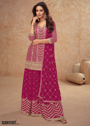 Magenta Pink Palazzo Suit with Delicate Embroidery on Luxurious Chinon Silk Fabric