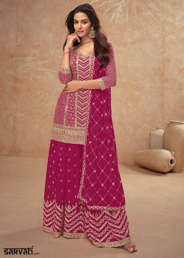 Magenta Pink Palazzo Suit with Delicate Embroidery on Luxurious Chinon Silk Fabric