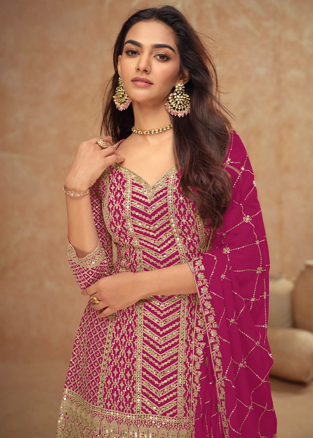 Magenta Pink Palazzo Suit with Delicate Embroidery on Luxurious Chinon Silk Fabric