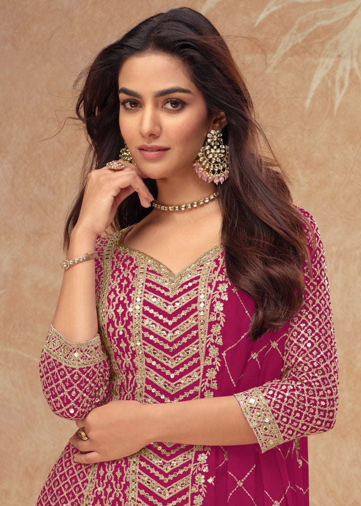 Magenta Pink Palazzo Suit with Delicate Embroidery on Luxurious Chinon Silk Fabric